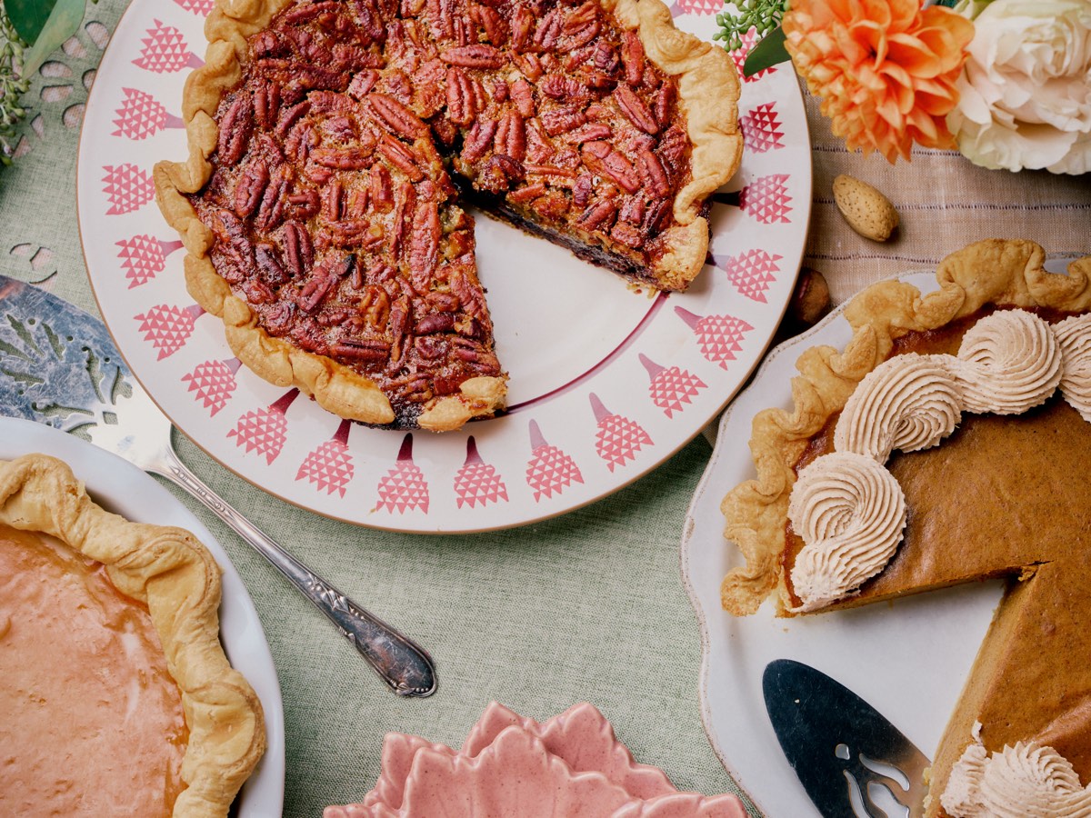 Chocolate pecan pie on a holiday plate